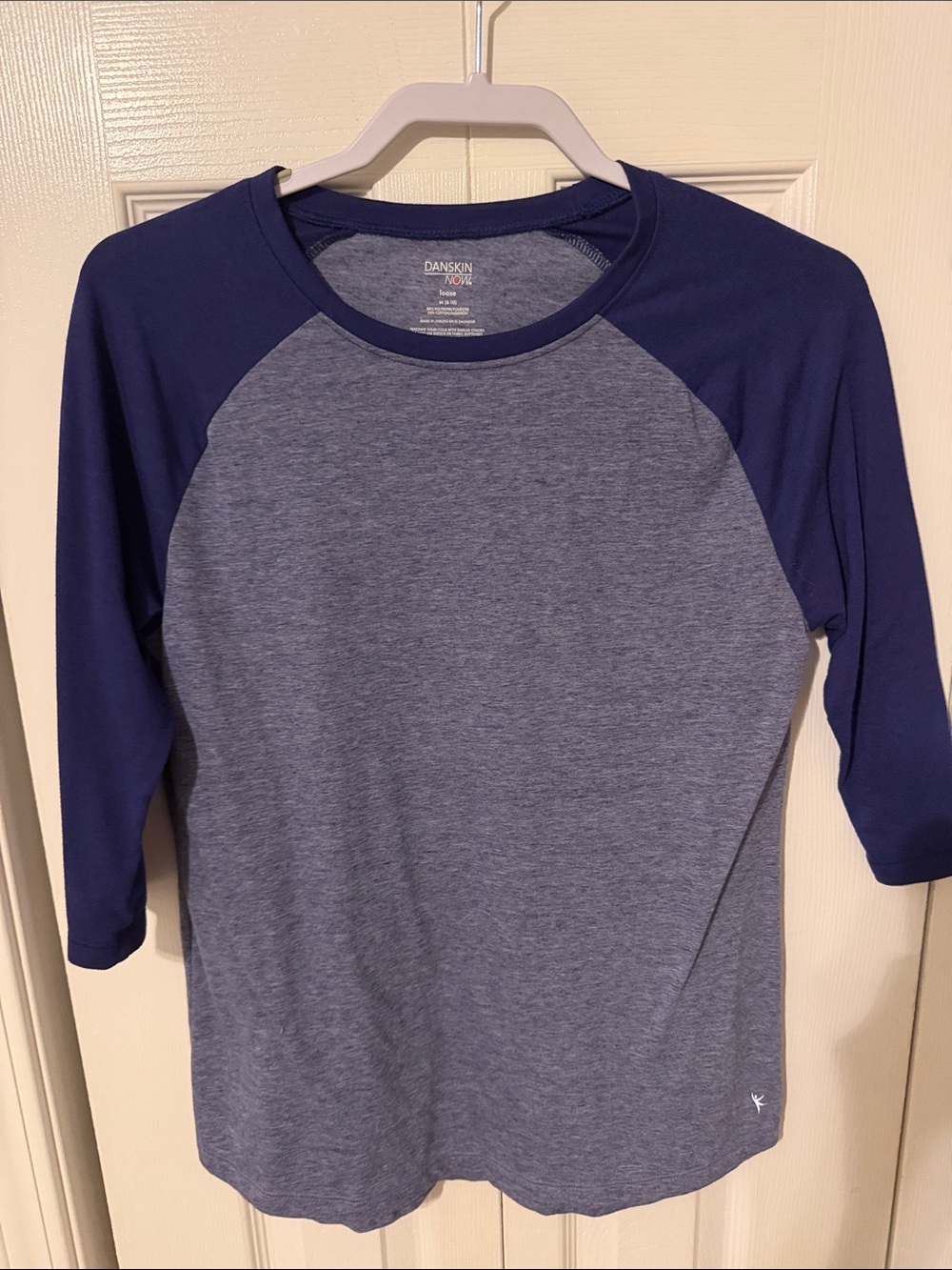Danskin Now women’s Heather Light Blue Shirt with Navy Raglan Sleeves